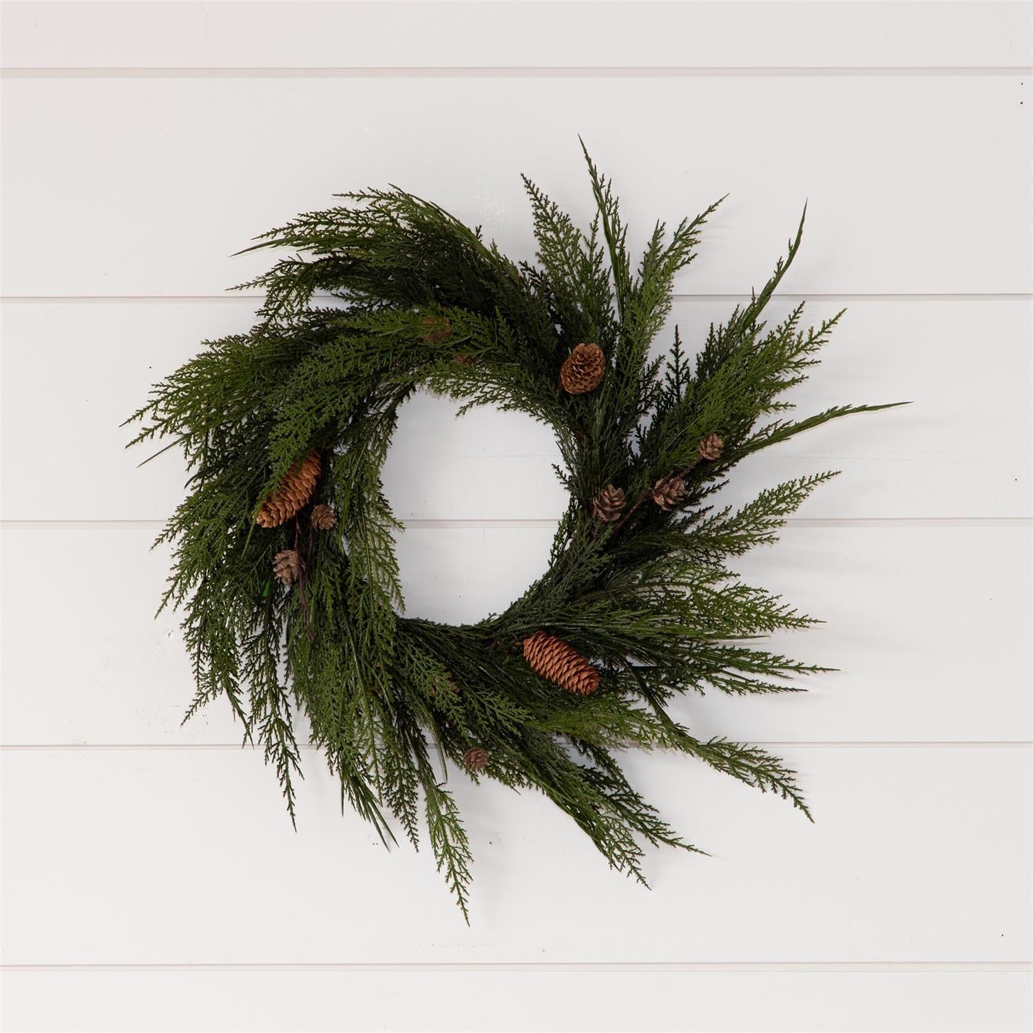 Draping Cedar and Pinecones 20" Faux Evergreen Wreath – Blueberry Lane Shop
