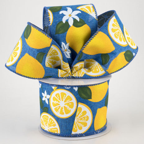 💙 Lemons & Flowers on Royal Blue Ribbon 2.5" x 10 yards