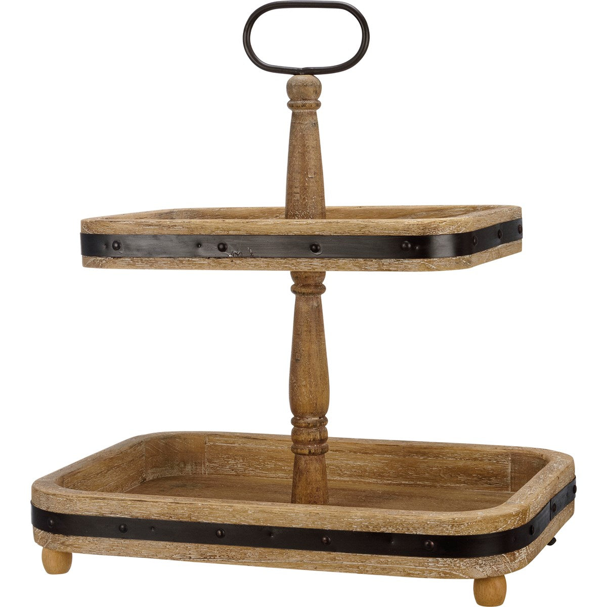 Two Tiered Rectangle Wooden Tray With Handle