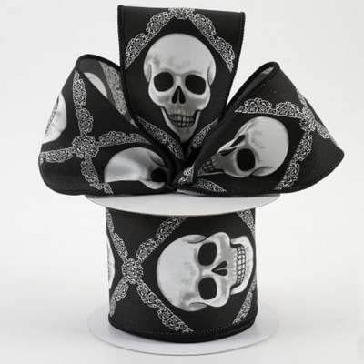 💙 Skulls Diagonal Weave Black & White Ribbon 2.5" x 10 yards