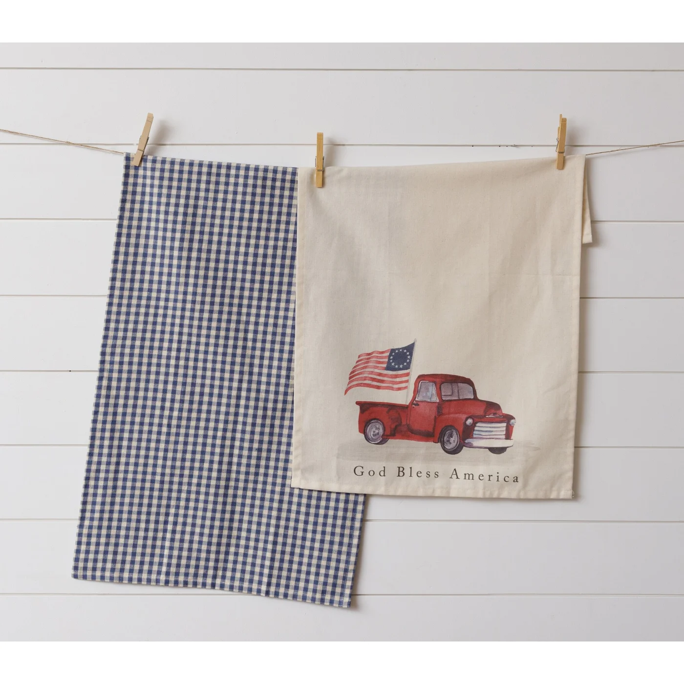 Set of 2 God Bless America Truck and Blue Checked Kitchen Towels