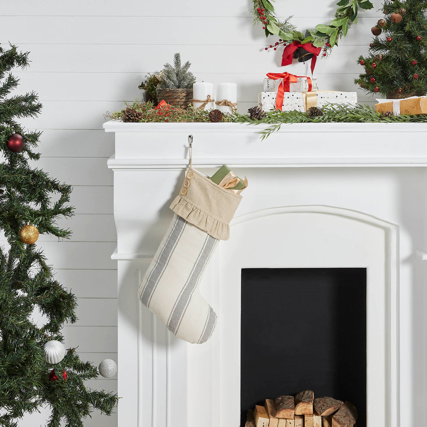 Grace Grain Sack Stripe Ruffled Christmas Stocking 20" H