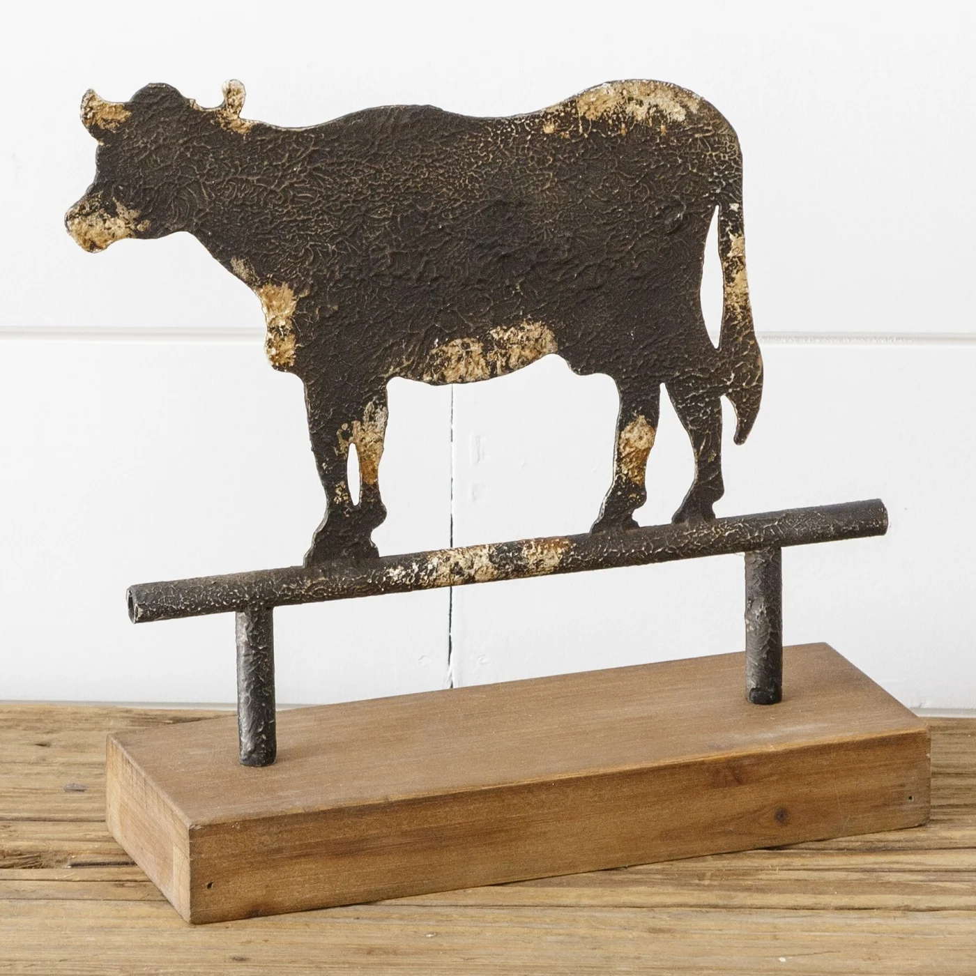 Distressed Cow Silhouette On Wood Base