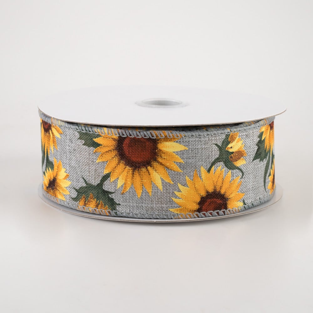 Sunflowers & Leaves on Grey Ribbon 1.5" x 10 yards