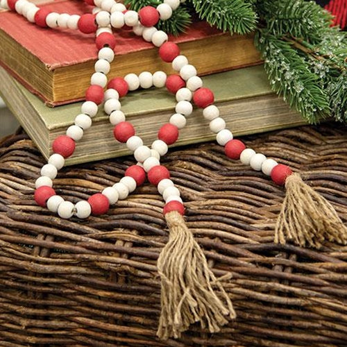 16-Foot Buffalo Plaid Christmas Bead Garland – Red & White Wooden Beads For Tree & Holiday Decor