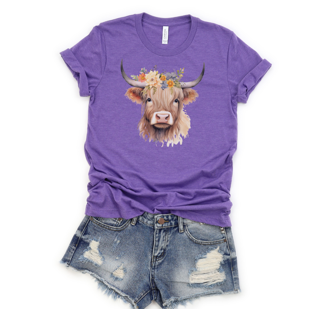 Floral Highland Cow Cozy TShirt Blueberry Lane Shop