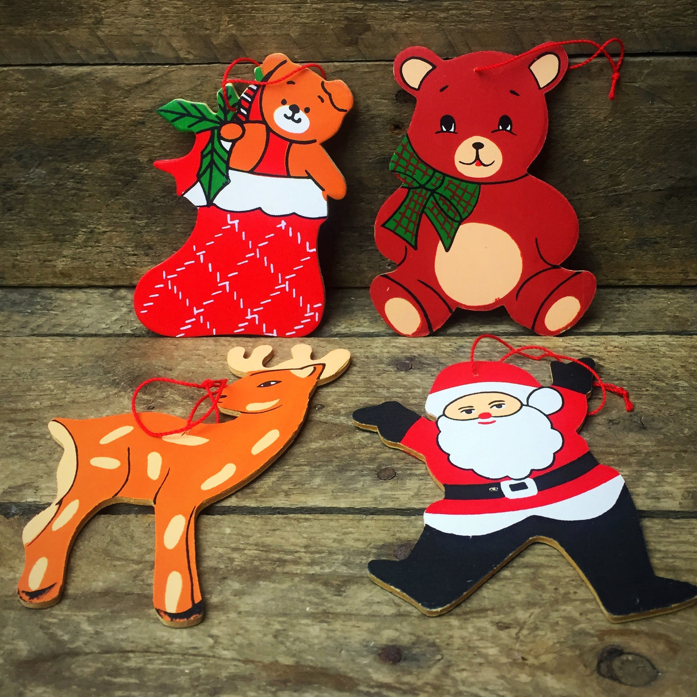 💙 Vintage Set of 4 Santa Reindeer Bear & Stocking Painted Wood Ornaments