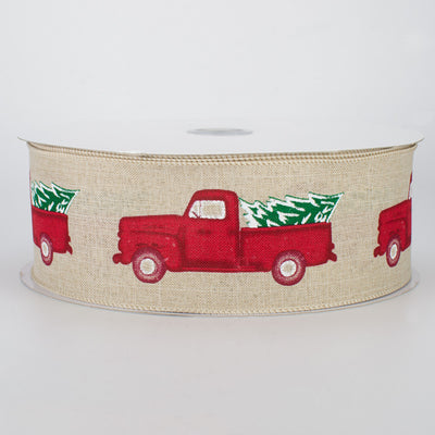 💙 Vintage Truck With Tree on Natural Ribbon 2.5" x 50 yards
