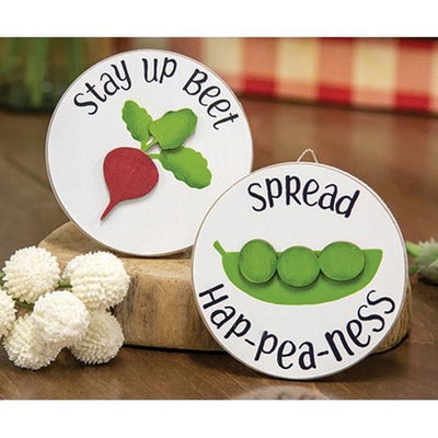 #121 🌼 GARDEN SHOPPING PARTY 🪴 Set of 2 Veggie Puns Beets and Peas Mini Round Easel Signs