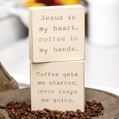 Set of 2 Coffee & Jesus Engraved Mini Block Signs