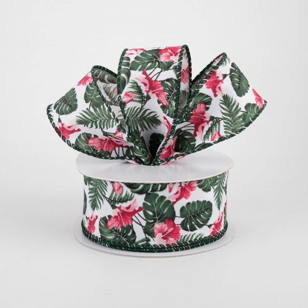 💙 Hibiscus Tropical White & Pink Ribbon 1.5" x 10 yards