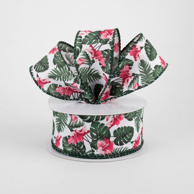 💙 Hibiscus Tropical White & Pink Ribbon 1.5" x 10 yards