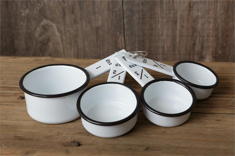 Enamelware Set of 4 Measuring Cups white with black trim