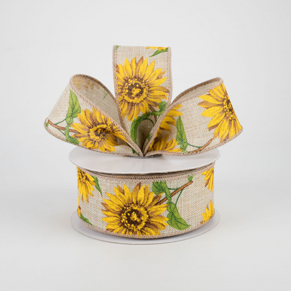 💙 Sunflower on Natural Tan Ribbon 1.5" x 10 yards