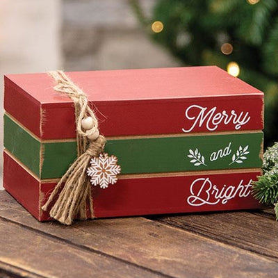 Merry and Bright Wooden Faux Stacked Books Decoration