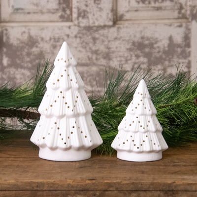 Set of 2 White Ceramic Bisque Light Up Trees