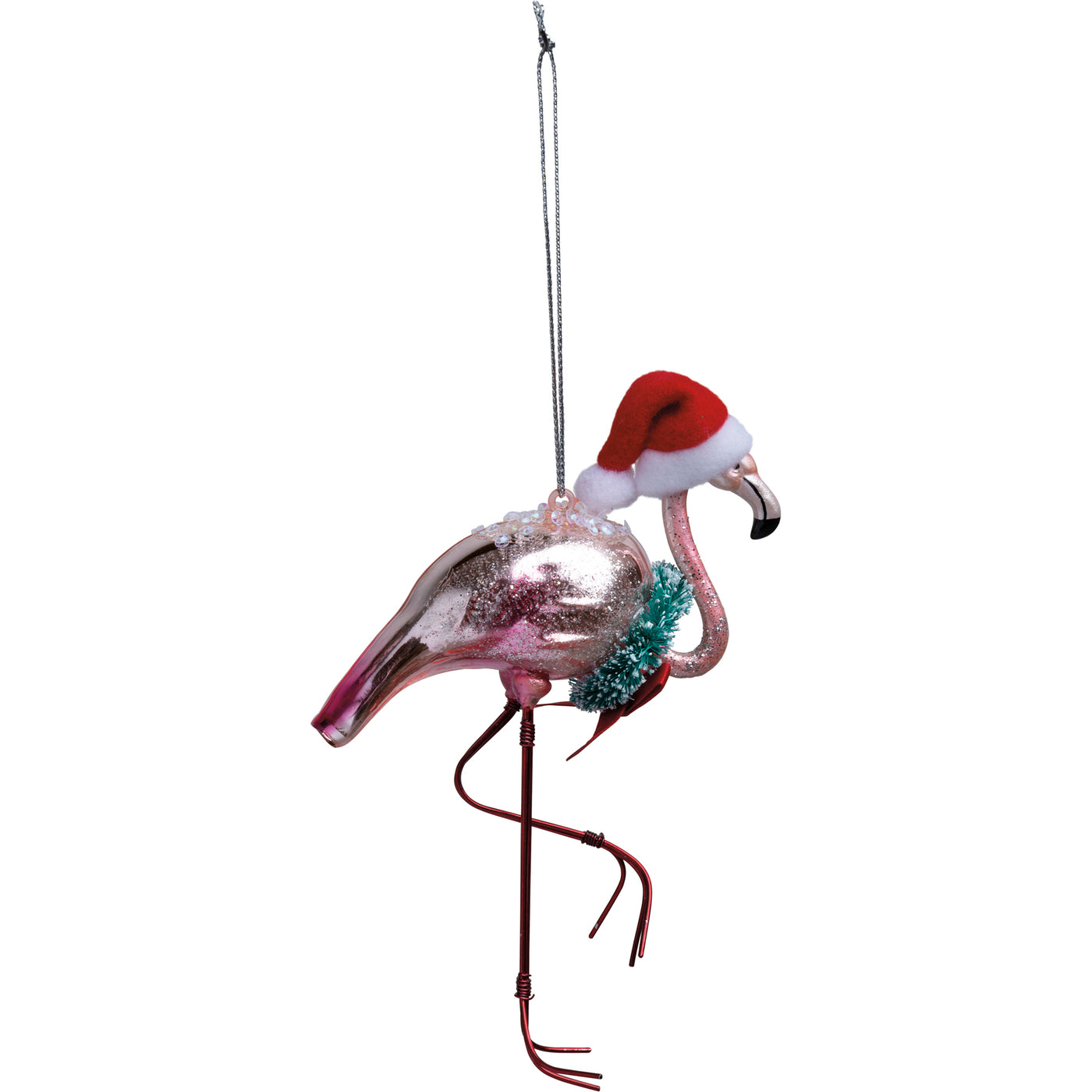💙 Flamingo in Santa Hat Glass Ornament