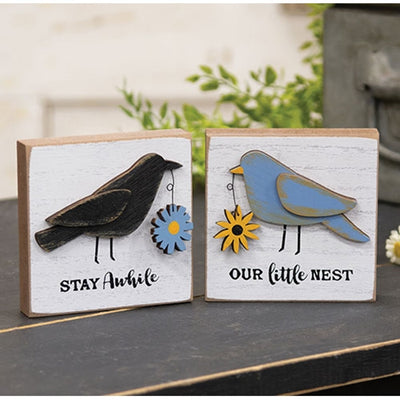 💙 Stay Awhile and Our Little Nest Set of 2 Layered Bird 4" Wood Blocks