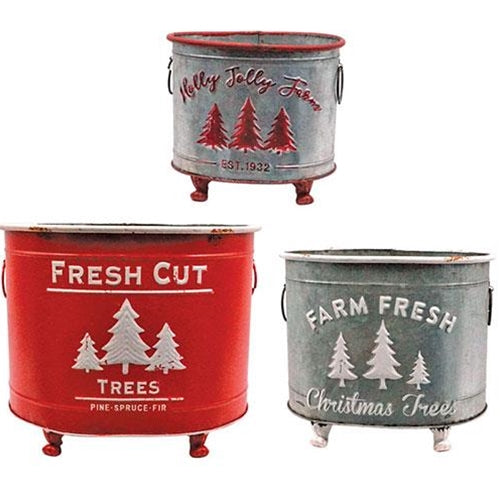 Set of 3 Metal Christmas Tree Themed Embossed Buckets