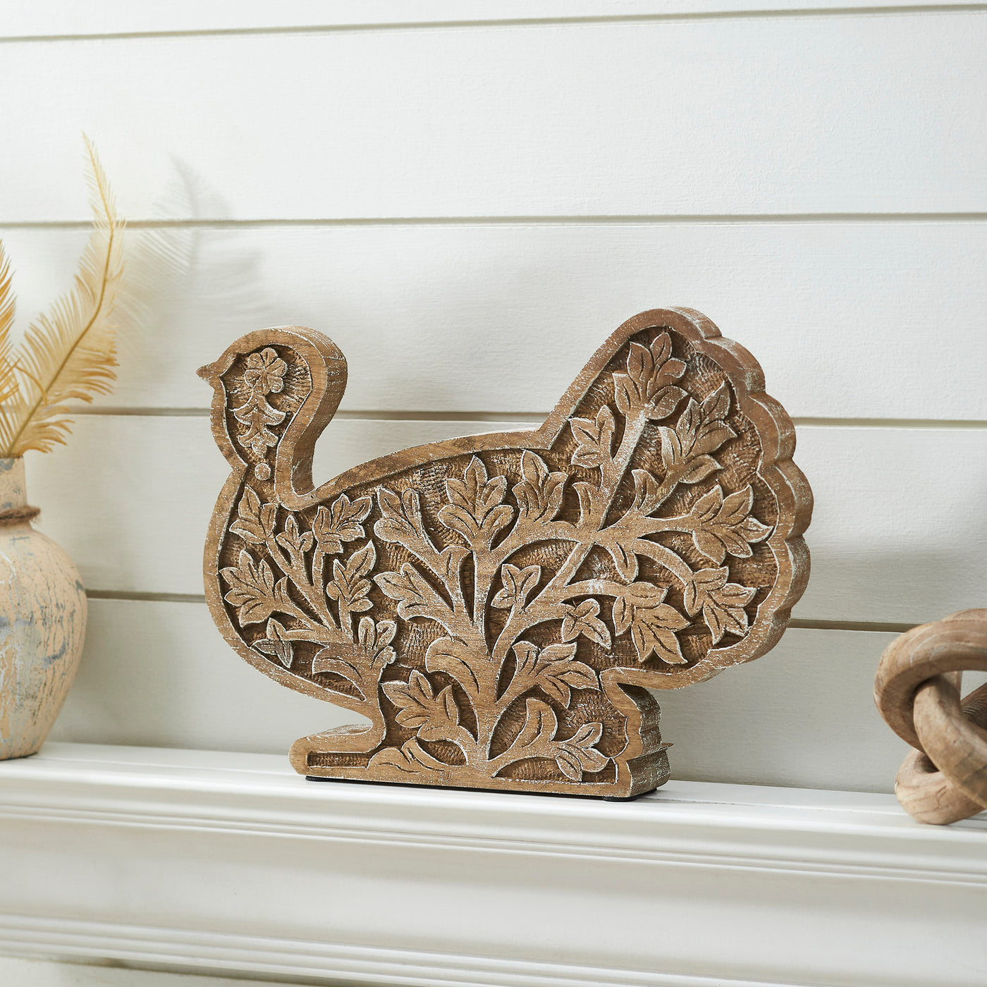 Harvest Leaf Carved Wooden Turkey 10" H