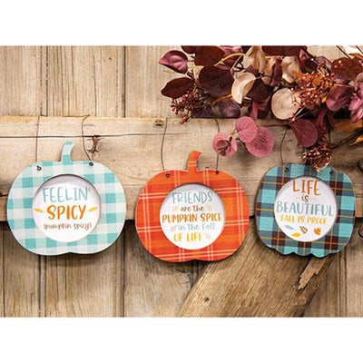 Set of 3 Fun Sayings 5.25" H Plaid Pumpkin Hangers