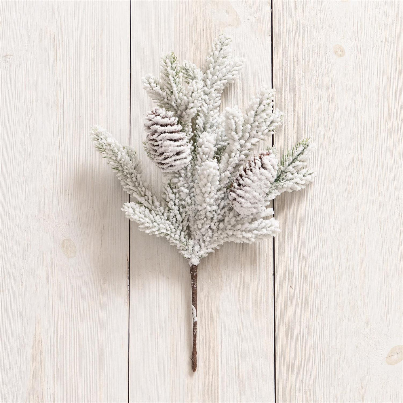 White Flocked With Pinceones 13" Faux Evergreen Branch