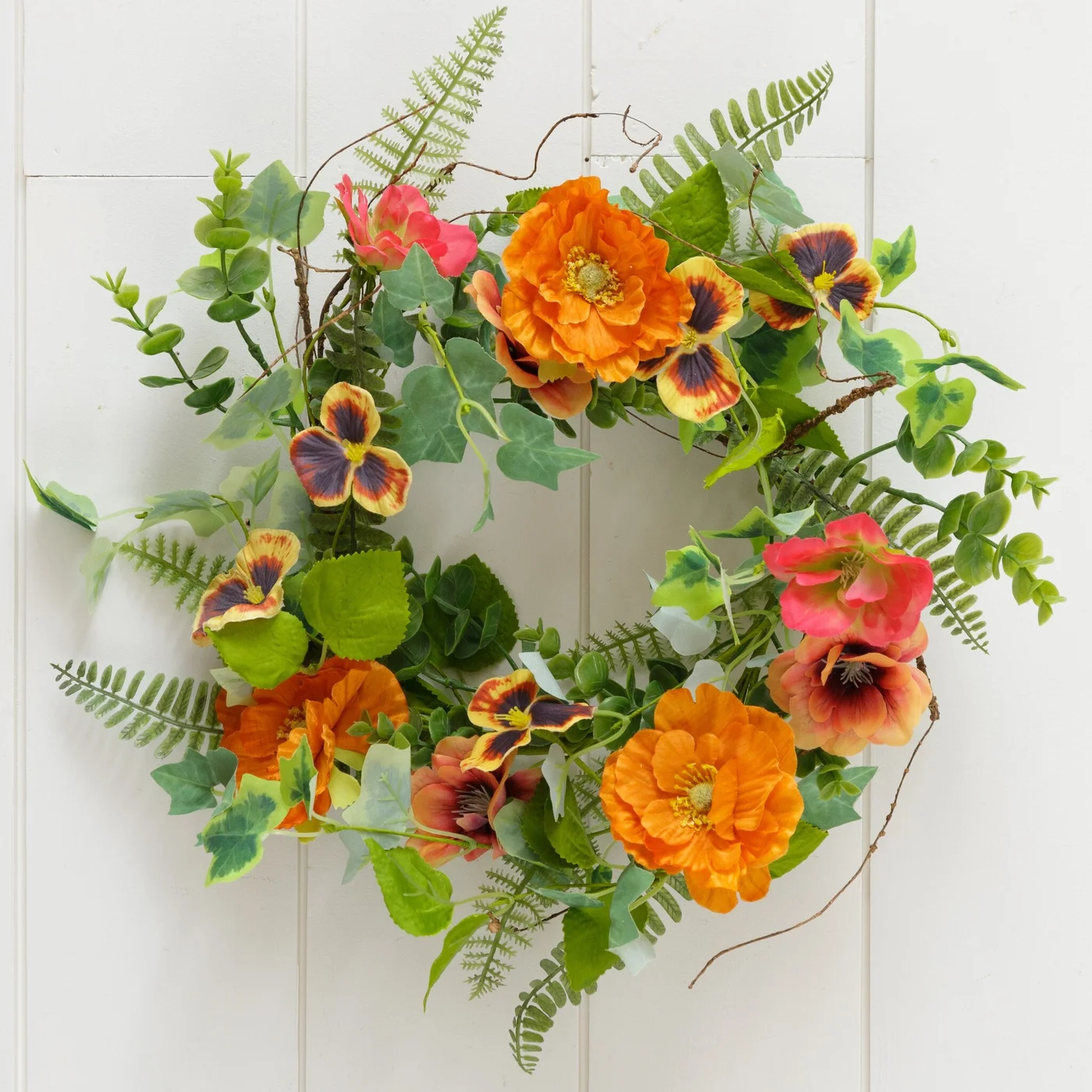 Orange Poppy and Pansy with Greenery 12" Faux Floral Wreath