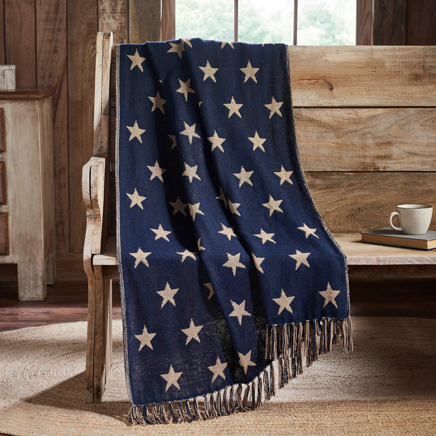 Americana Navy and Khaki Jacquard Stars Woven Double Sided Throw