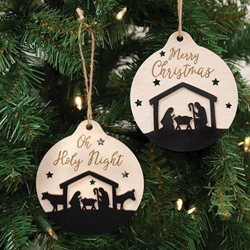 Set of 2 Oh Holy Night Nativity Silhouette Ornaments