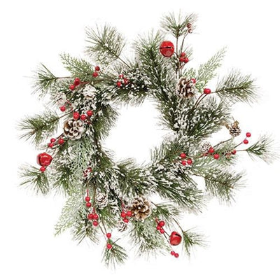 Snowy Pine With Red Bells & Berries 24" Faux Evergreen Wreath