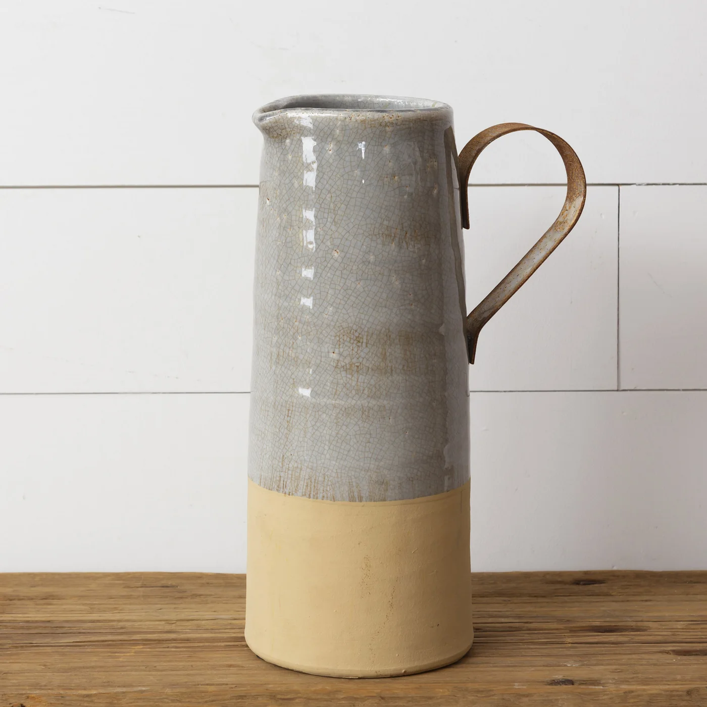 Crackle Gray Glaze Pottery Decorative Pitcher With Metal Handle