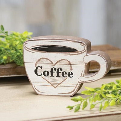 Coffee Cup Heart Chunky Wood Sitter Sign