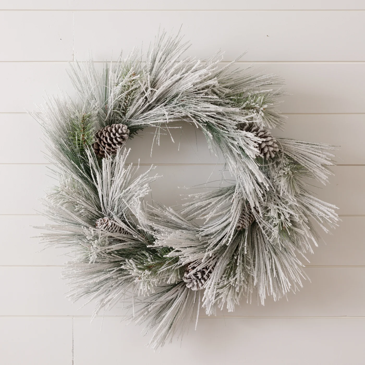 Flocked White Pine With Pinecones 28" Faux Wreath