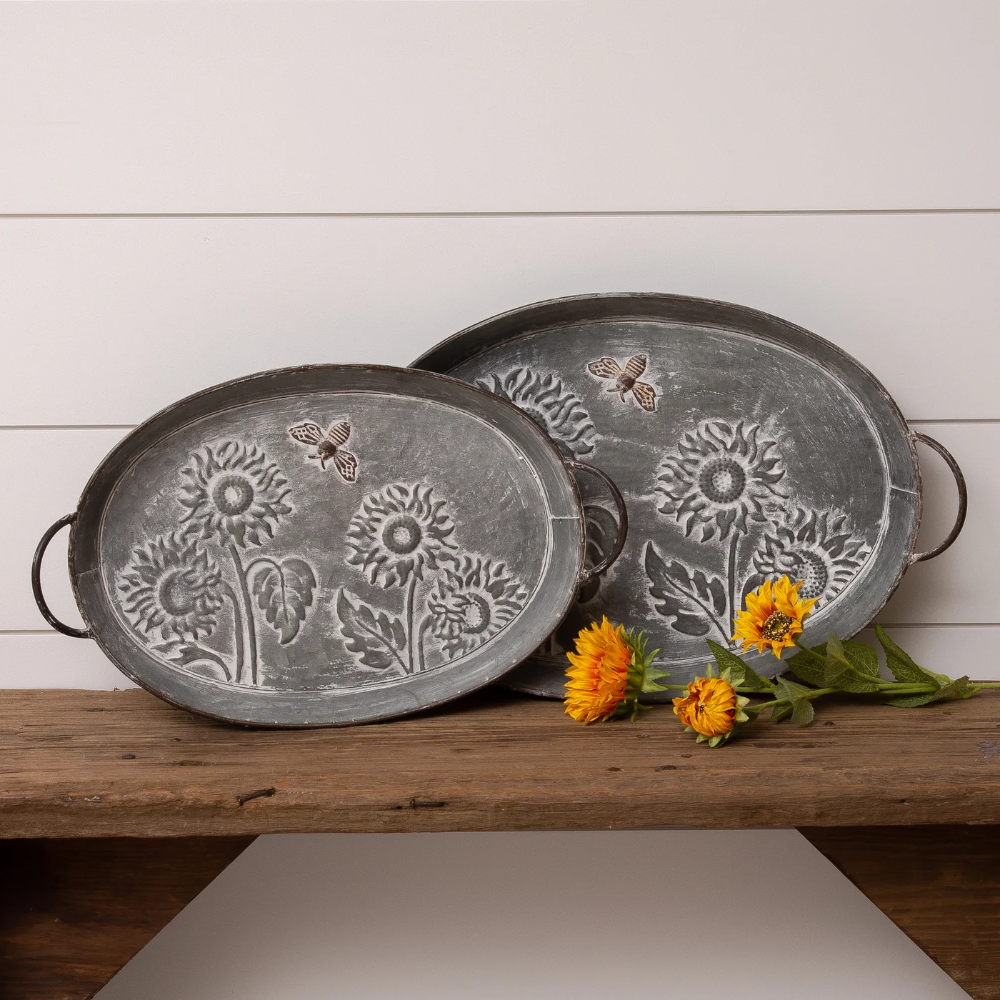 Set of 2 Embossed Metal Sunflower and Bee Trays