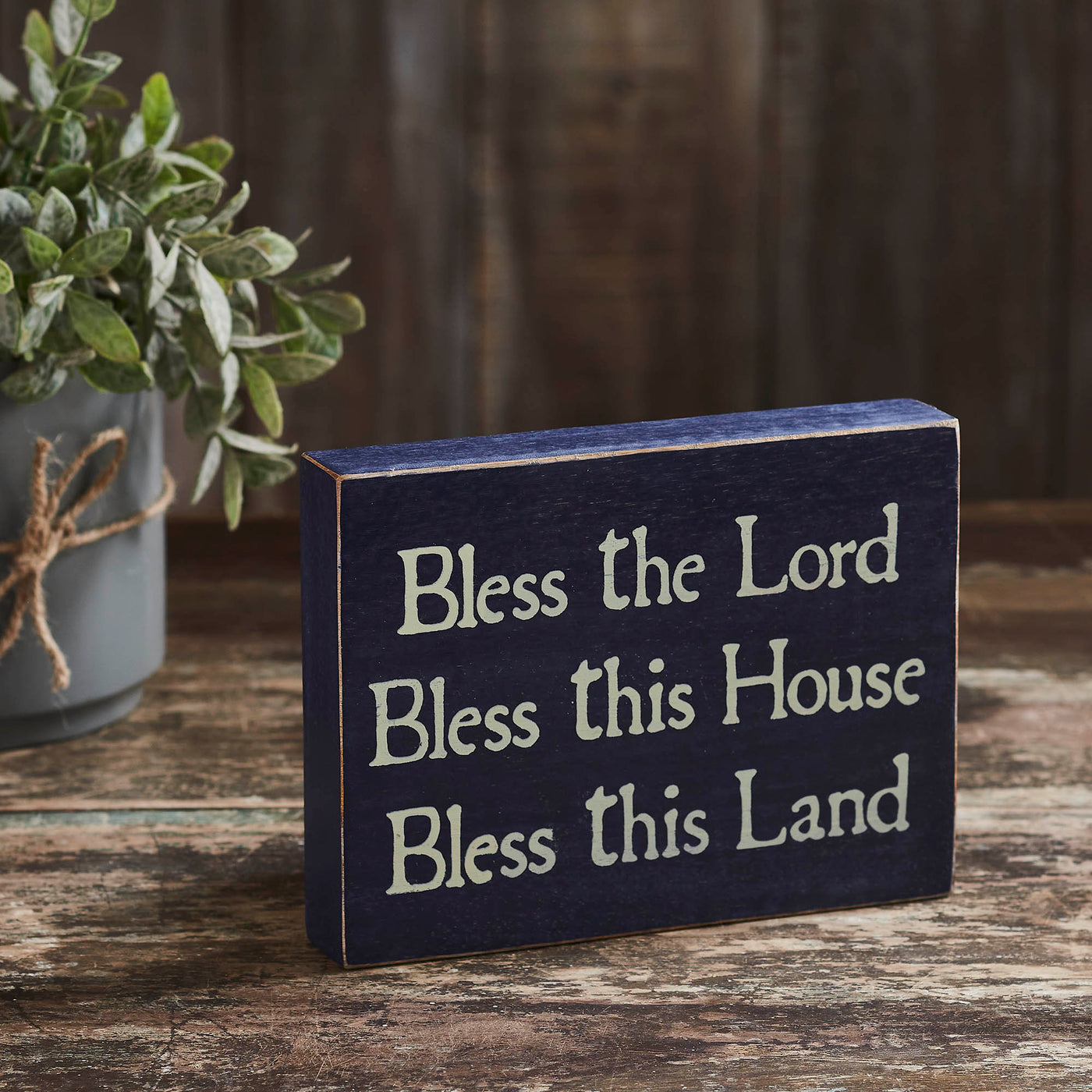 Bless The Lord House and Land 8" Blue Wooden Sign