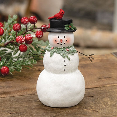 Frosted Snowman with Holly & Cardinal Resin Figure 5.25" H