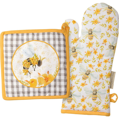 Floral Bees Kitchen Oven Mitt and Hot Pad Set