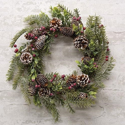Frosty Cedar Pinecone & Red Berry 20" Faux Evergreen Wreath