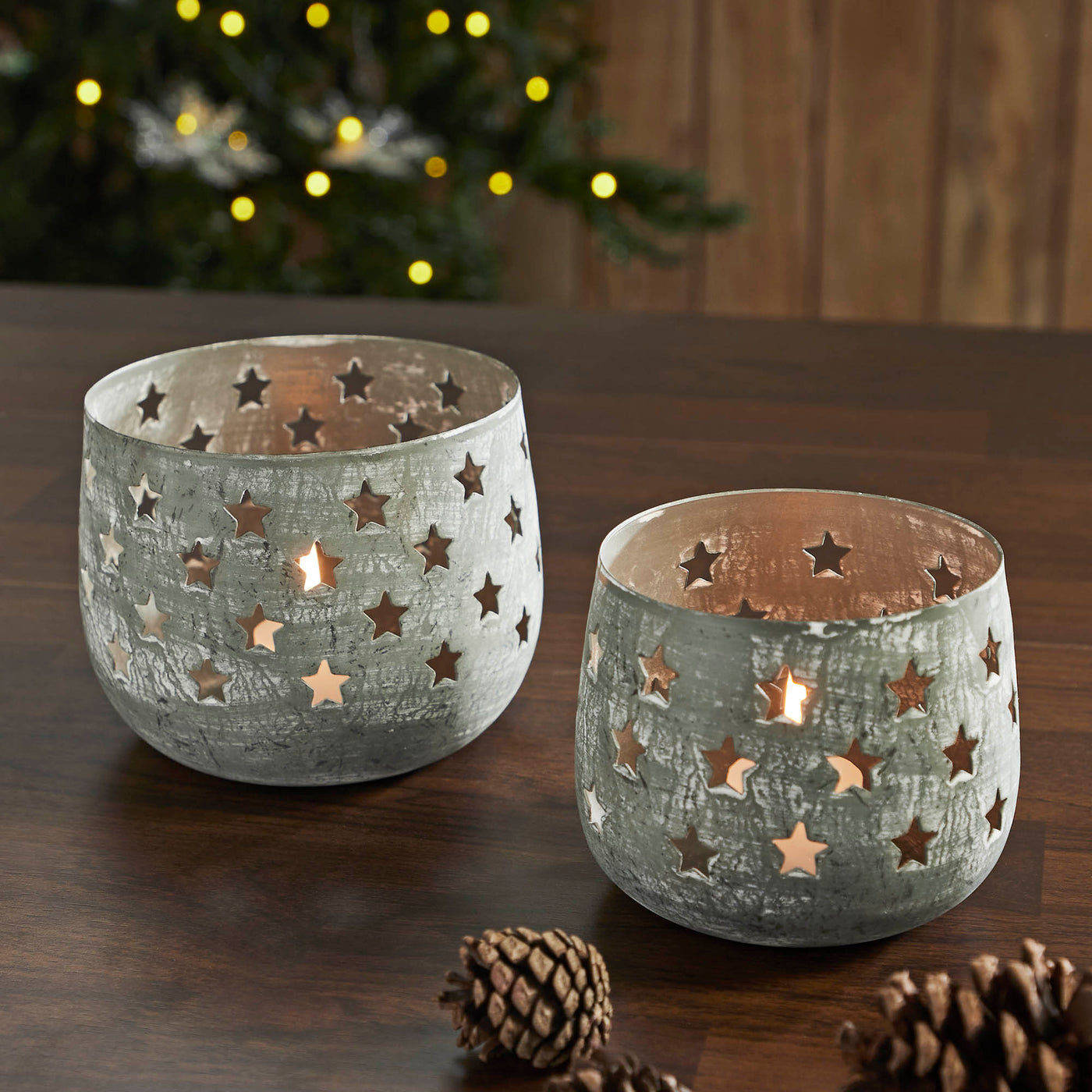 Set of 2 Starbright Distressed Gray Metal Candle Holders