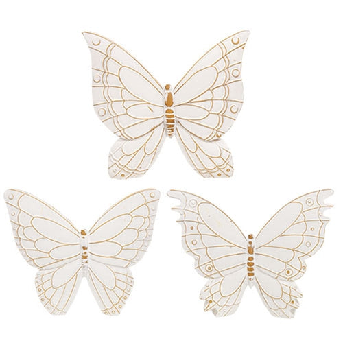 Set of 3 Distressed White Resin Butterfly Shelf Sitters