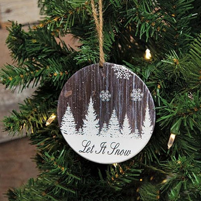 Let It Snow Snowy Woodgrain Round Ornament