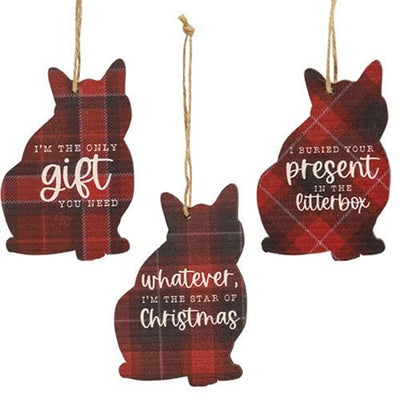Set of 3 Cat Lovers Plaid Ornaments