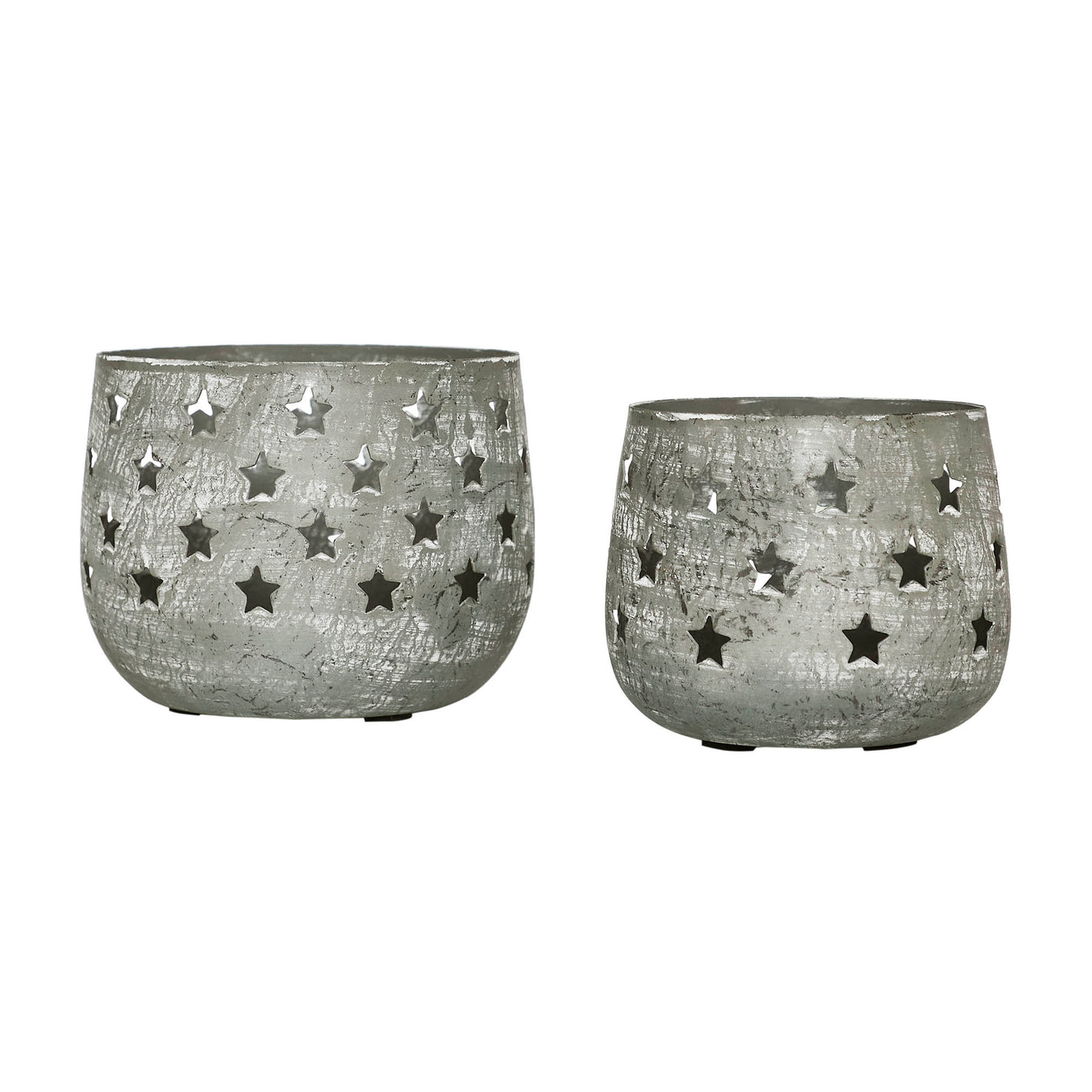 Set of 2 Starbright Distressed Gray Metal Candle Holders
