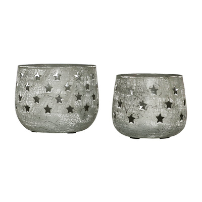 Set of 2 Starbright Distressed Gray Metal Candle Holders