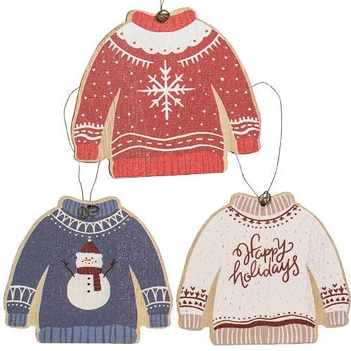 Set of 3 Happy Holidays Wooden Sweater Ornament