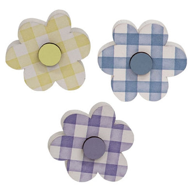 Set of 3 Wooden Gingham Check Button Flower Sitters