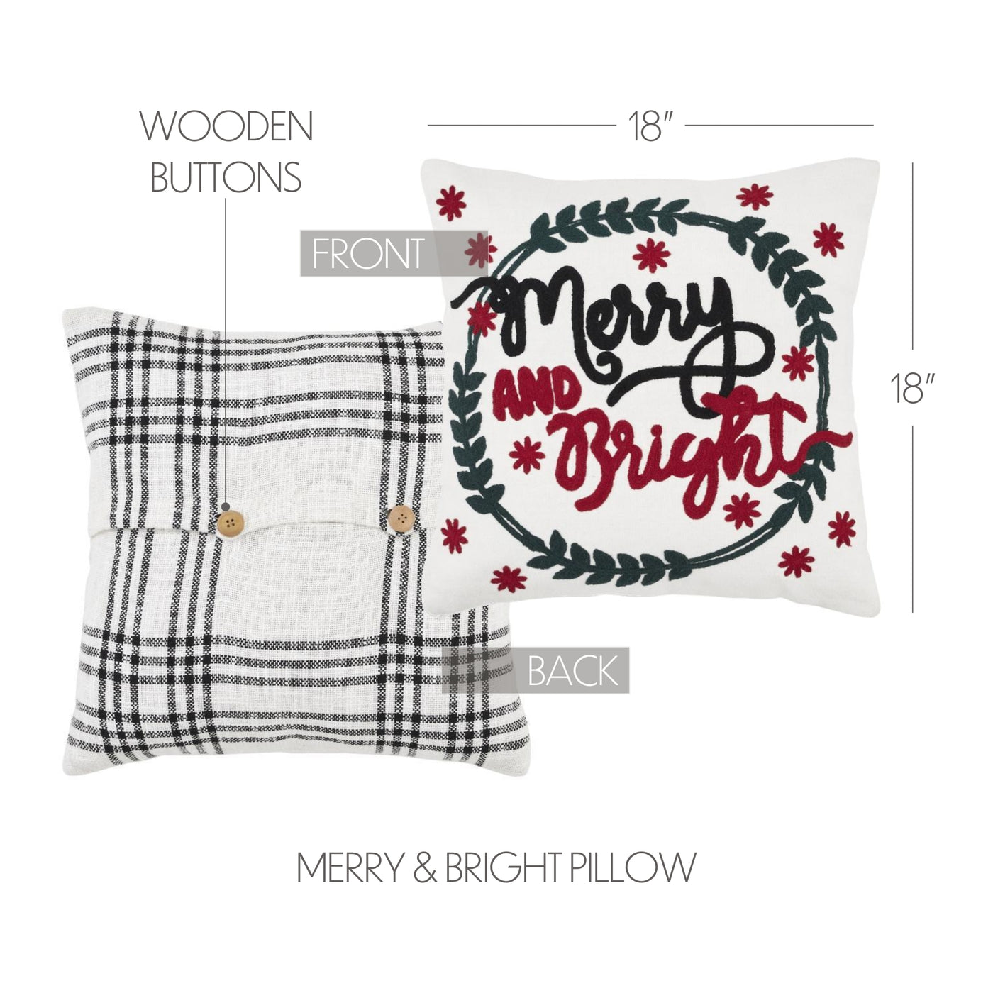 Merry & Bright 18" Black Plaid Christmas Pillow