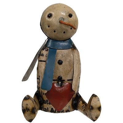 Recycled Metal Sitting Heart Belly Snowman