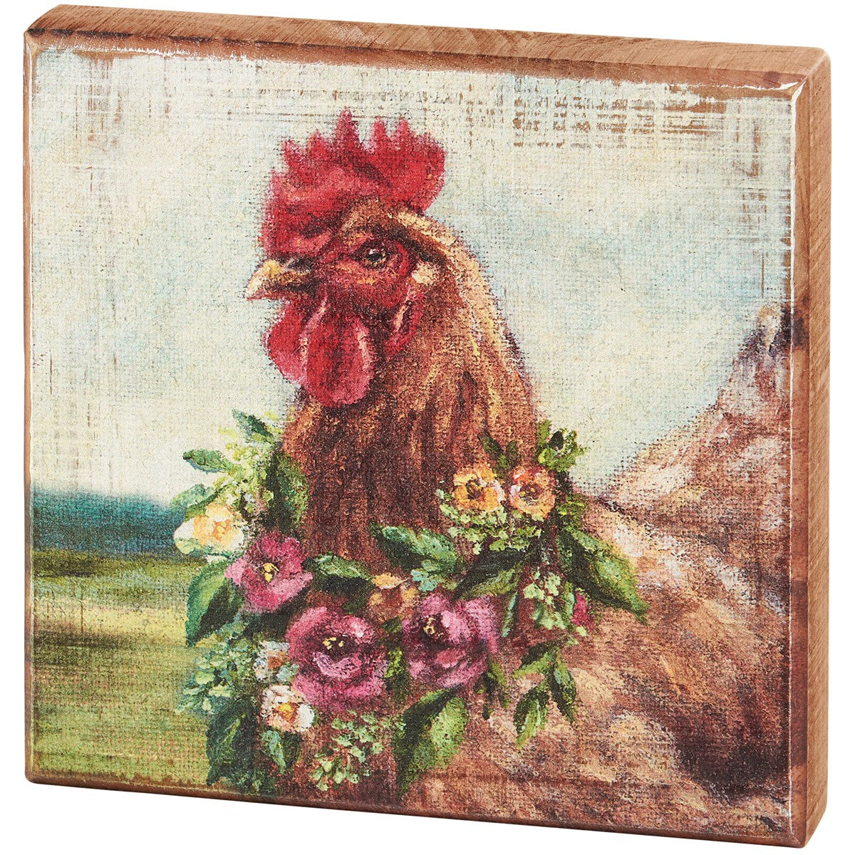 Floral Chicken 6" Wooden Block Sign