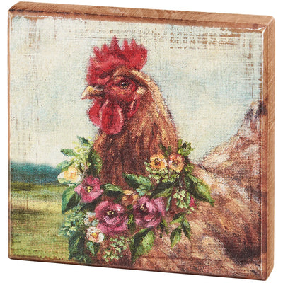 Floral Chicken 6" Wooden Block Sign